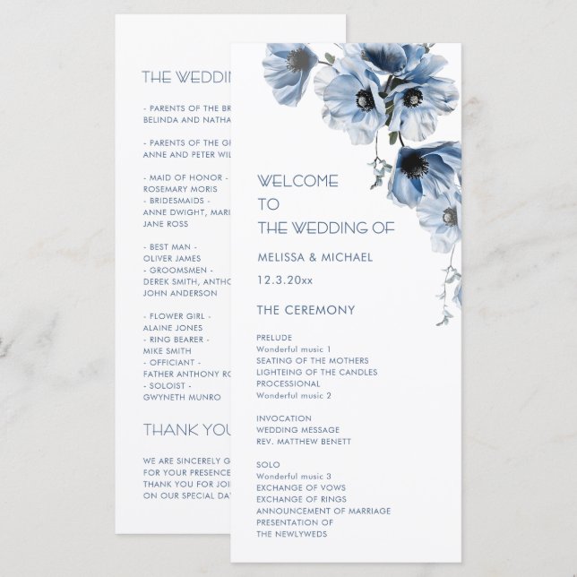 Programa Casamento de Flores Azuis Artísticas (Frente/Verso)