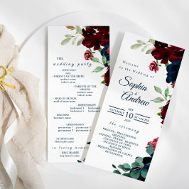 Programa Casamento de Flores Azuis Elegante e Borgonha Mari