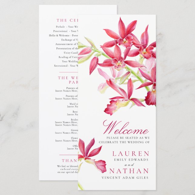 Programa Casamento de flores botânicas de orquídea vermelha (Frente/Verso)