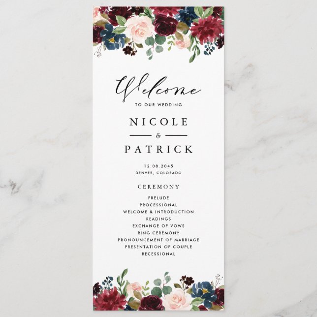 Programa Casamento de Flores Burgundy e Azul em Aquarela (Frente)
