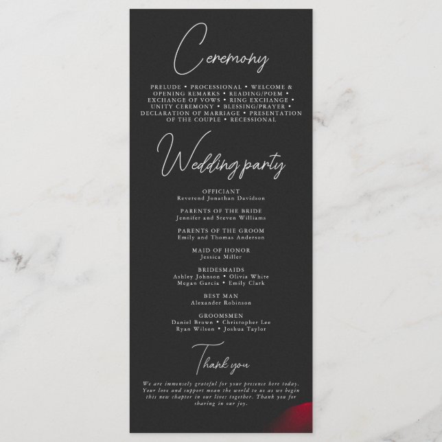 Programa Casamento de flores de pétalas com rosa vermelha d (Verso)
