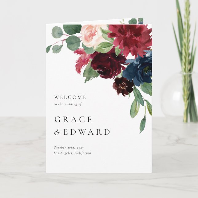Programa Casamento de Flores em Aquarela Burgundy e Azul Na (Frente)
