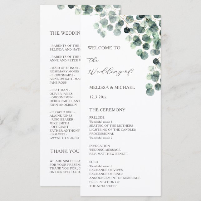 Programa Casamento de Folhas de Eucalipto em Aquarela (Frente/Verso)