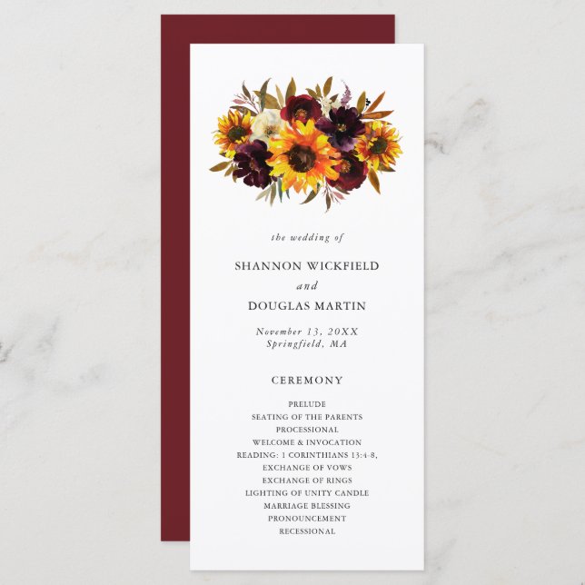 Programa Casamento De Girassol Floral Rustic Fall (Frente/Verso)