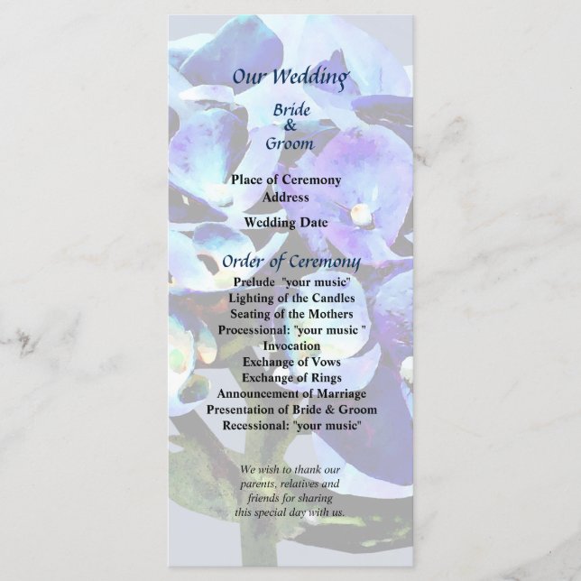 Programa Casamento de Hydrangea Azul Pequeno (Frente)