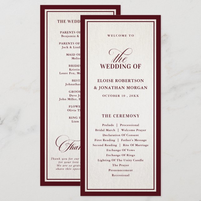 Programa Casamento de Luxo Burgundy Formal Moderno com Dinh (Frente/Verso)