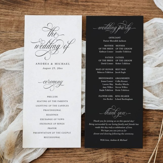 Programa Casamento de Luxo Elegante Caligrafia Dinheiro Ant (Elegant black and white old money wedding program with classic calligraphy and ceremony order.)