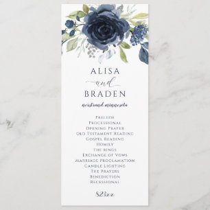 Programa Casamento de marinho Azul Silver Floral Watercolor
