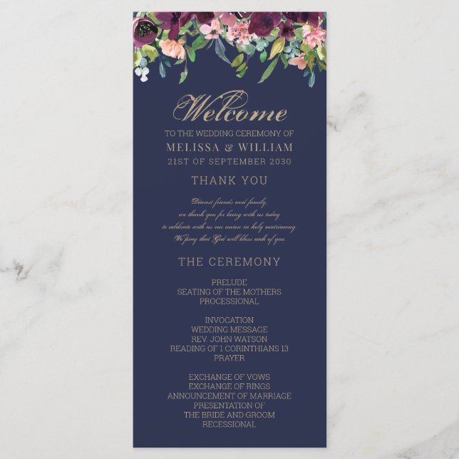 Programa Casamento de Marinho Floral de Watercolor (Frente)