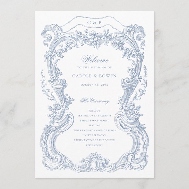 Programa Casamento de Moldura Azul Floral Azul Elegante (Frente)