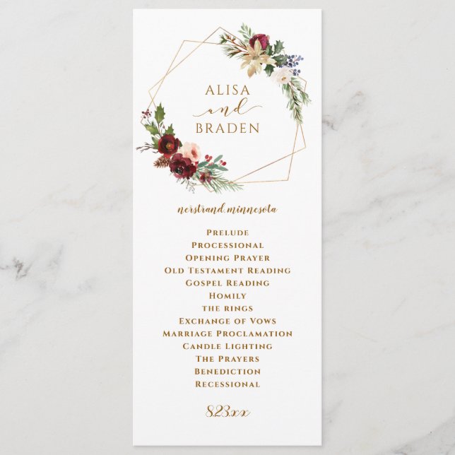 Programa Casamento de Natal de Inverno Boho em Aquarela Bur (Frente)