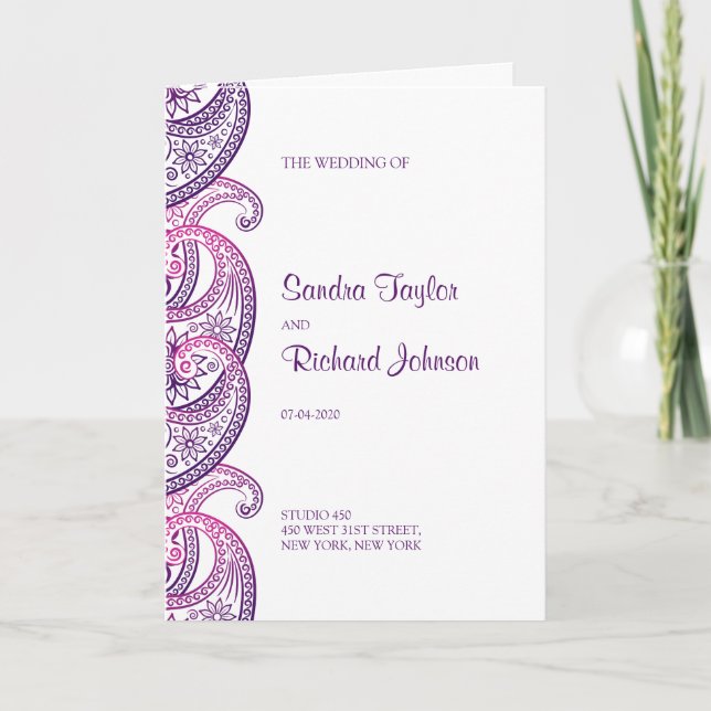 Programa Casamento de Paisley Indiano Púrpura e Rosa Tradic (Frente)