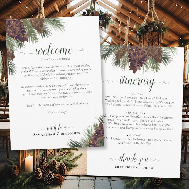 Programa Casamento de Pinhas Rústicas Boas-Vindas e Itinerá (Front/Back)