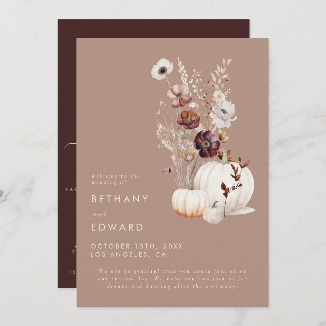 Programa Casamento de Pumpkin Floral de Taupe Fall Fall (Frente/Verso)