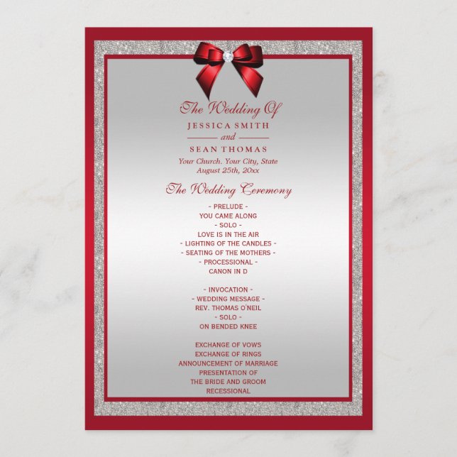 Programa Casamento de Ruby Red & Silver Glitter Elegante (Frente)