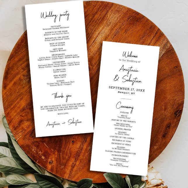 Programa Casamento de Script Branco e Preto Elegante Simple (Simple Elegant Black and White Script Wedding Program)