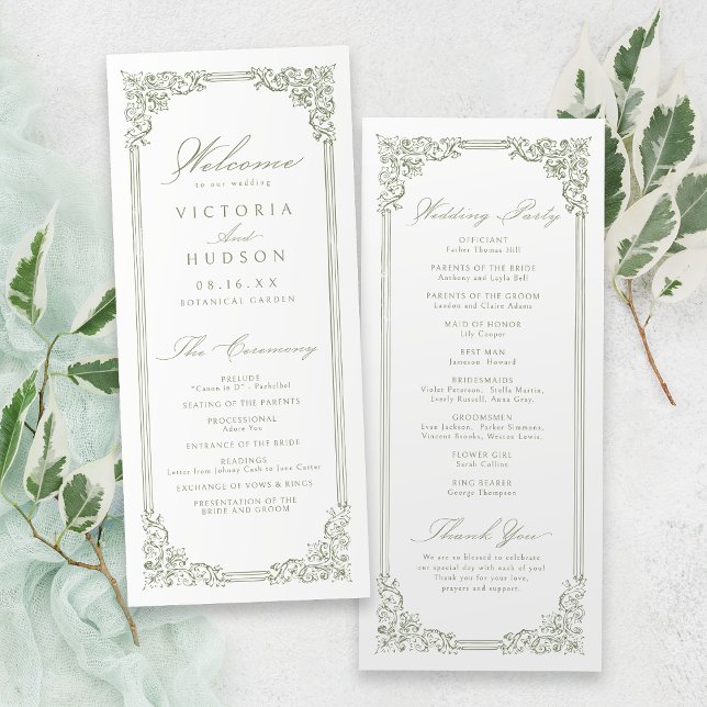 Programa Casamento de Script Elegante de Frame Verde Sage (Sage Green Vintage Frame Elegant Script Wedding Program)