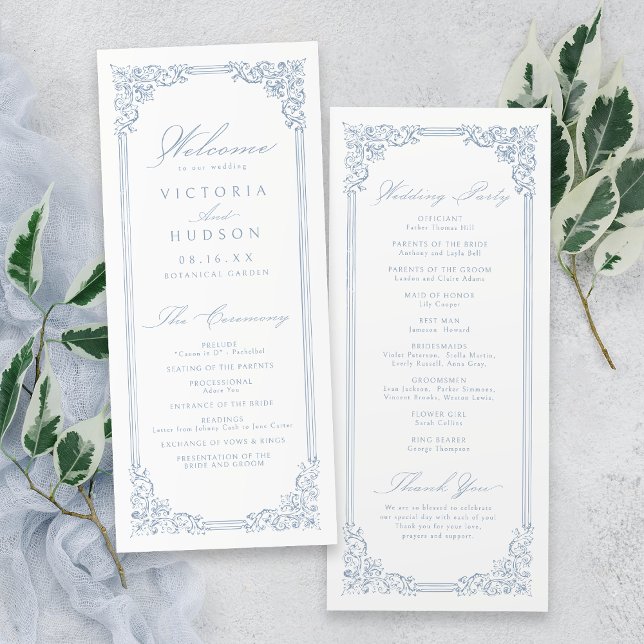 Programa Casamento de Script Elegante de Moldura Azul Dusty (Dusty Blue Vintage Frame Elegant Script Wedding Program)