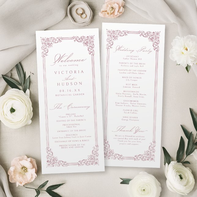 Programa Casamento de Script Elegante de Moldura Rosa Dusty (Dusty Pink Vintage Frame Elegant Script Wedding Program)