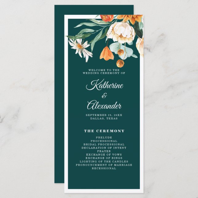 Programa Casamento de Script Elegante Floral Floral Laranja (Frente/Verso)