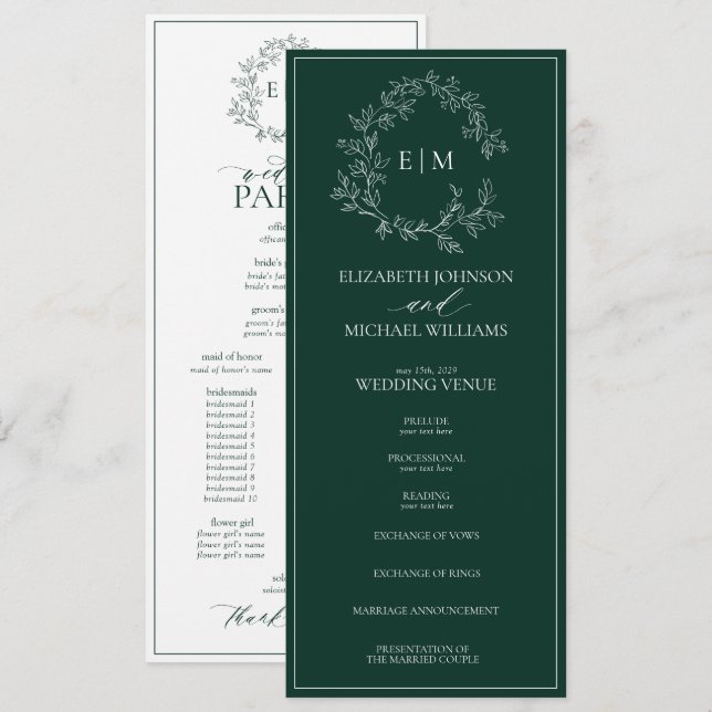 Programa Casamento do Moderno Emerald Green Leafy Crest Mon (Frente/Verso)
