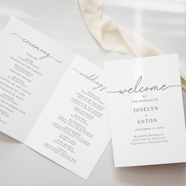 Programa Casamento Dobrado Cinza Chic Caligrafia Elegante (Criador carregado)