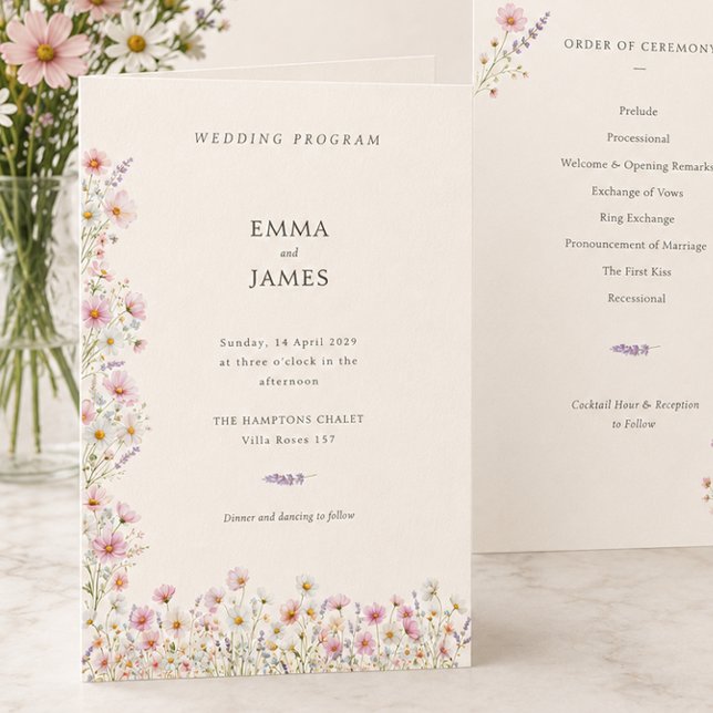 Programa Casamento Dobrado de Flores Silvestres Caprichosas (Bohemian Whimsical Wildflowers Folded Wedding Program)