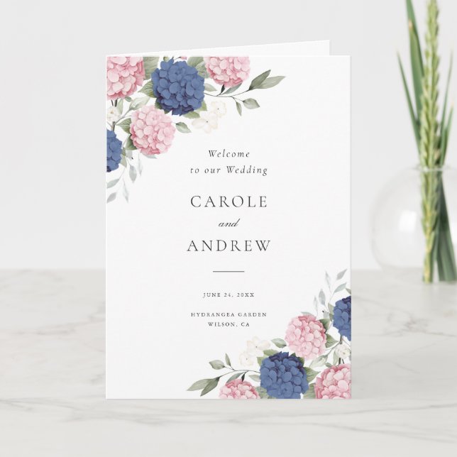 Programa Casamento Dobrado de Hortênsia Rosa Floral e Azul  (Frente)