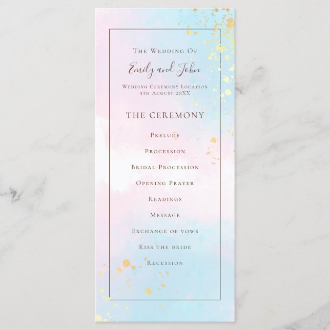 Programa Casamento Dourado de Confetti Elegante, Cor de Águ (Frente)