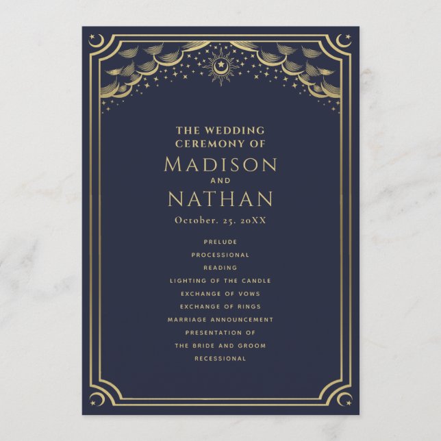 Programa Casamento Dourado e Marinho Tarot Elegante (Frente)