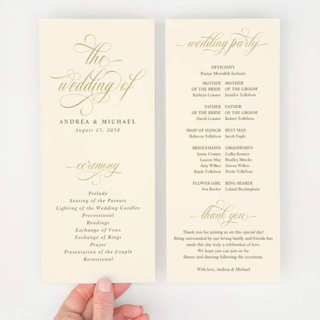 Programa Casamento Dourado Elegante e Caligrafia Creme (Elegant Cream and Gold Calligraphy Wedding Programs - Fancy, Ornate and Glam Script)