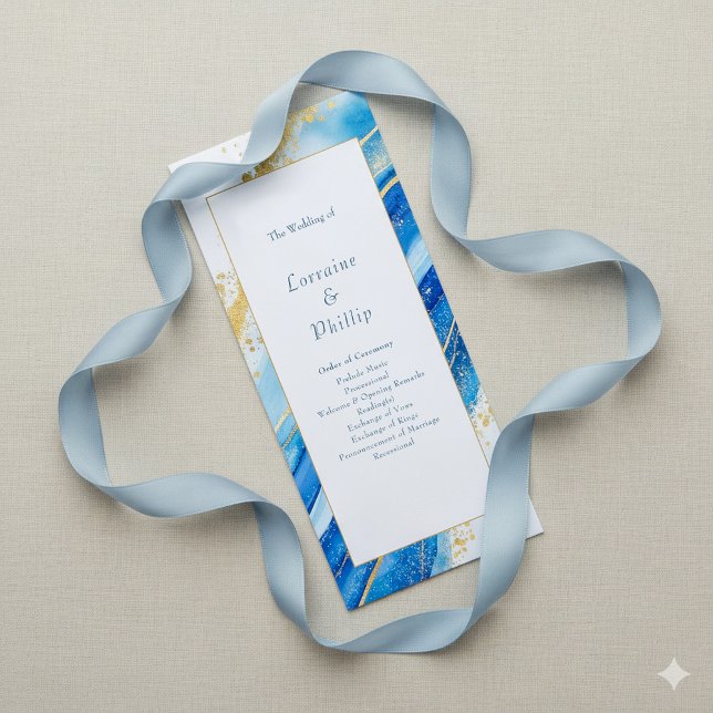 Programa Casamento Dourado Elegante moderno da cerimônia (Blue and gold wedding program)