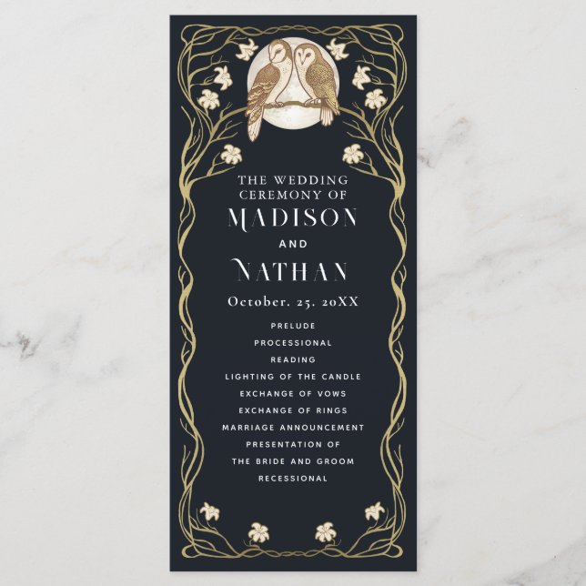 Programa Casamento Elegante Art Nouveau Owls (Frente)