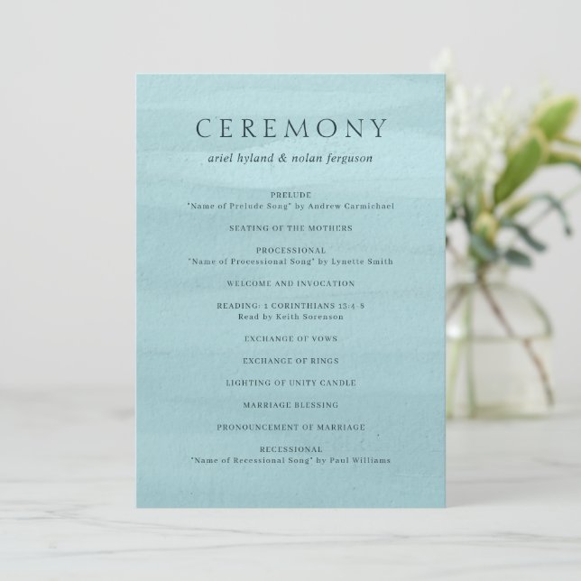 Programa Casamento Elegante com Aquarela Azul Moderna (Em pé/Frente)
