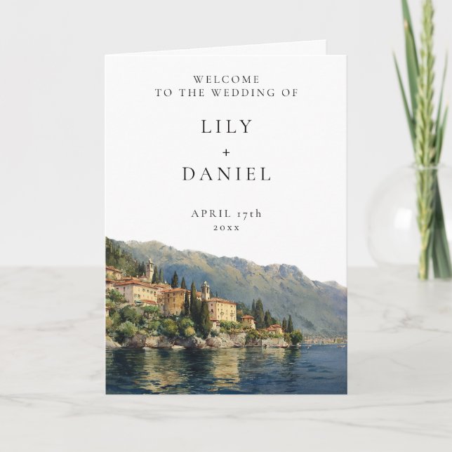 Programa Casamento Elegante com Aquarela do Lago Como (Frente)
