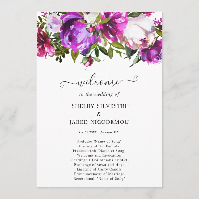 Programa Casamento Elegante com Floral Roxa Vibrante (Frente)