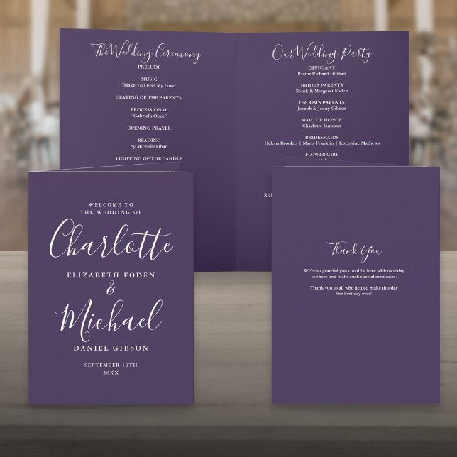 Programa Casamento Elegante com Letra de Assinatura Roxa (Purple Elegant Signature Script Wedding Program)