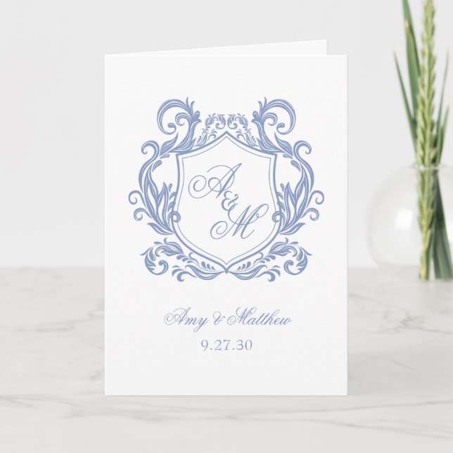 Programa Casamento Elegante com Monograma e Brasão em Azul  (Frente)