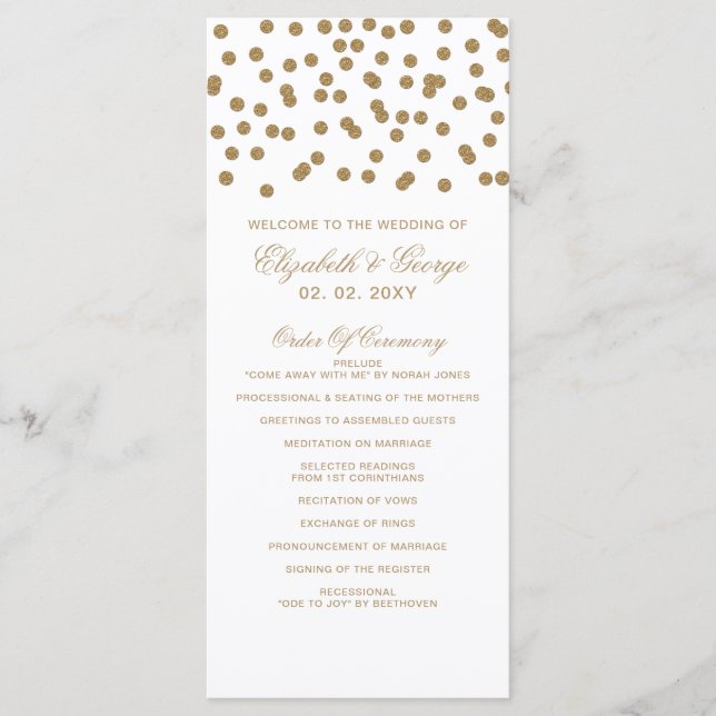 Programa Casamento Elegante de Confetti Dourado Branco (Frente)