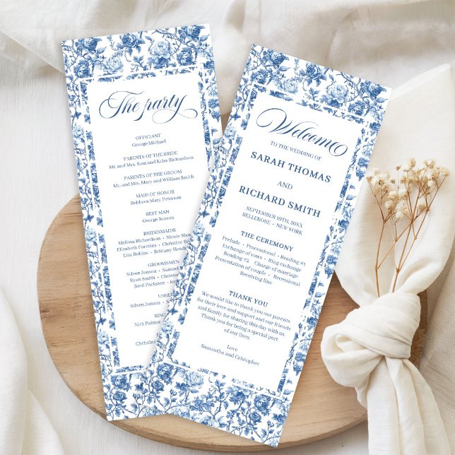 Programa Casamento Elegante em Azul Naval Toile de Jouy Ros (Elegant Chic Navy Blue Toile de Jouy Roses Wedding Program)