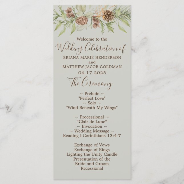 Programa Casamento Elegante em Script Beige de Inverno (Frente)