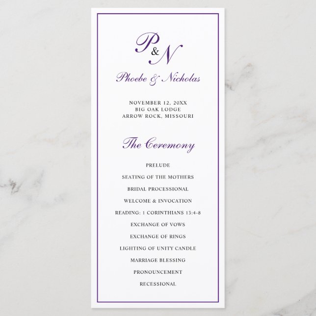 Programa Casamento Elegante Formal de Roxo Monograma (Frente)