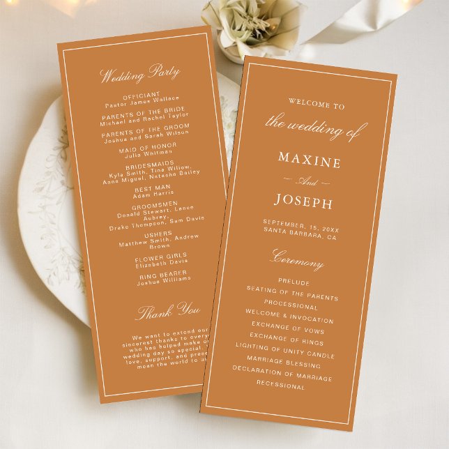 Programa Casamento Elegante Formal Laranja Queimada (Elegant burnt orange wedding programs share your day’s details with refined style.)