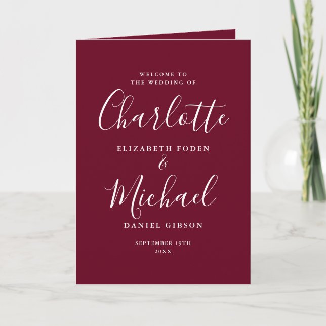 Programa Casamento Elegante Letra Burgundy (Frente)