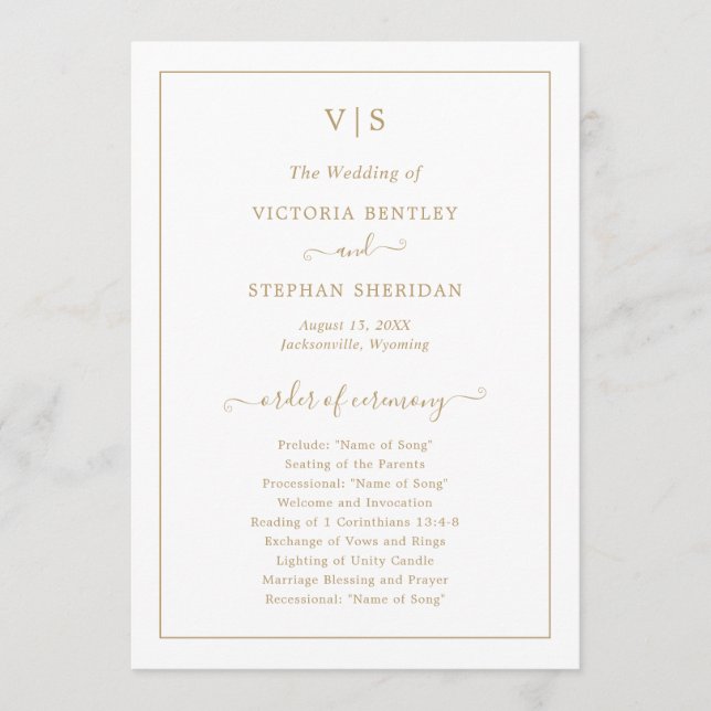 Programa Casamento Elegante Monograma Dourado Tradicional (Frente)