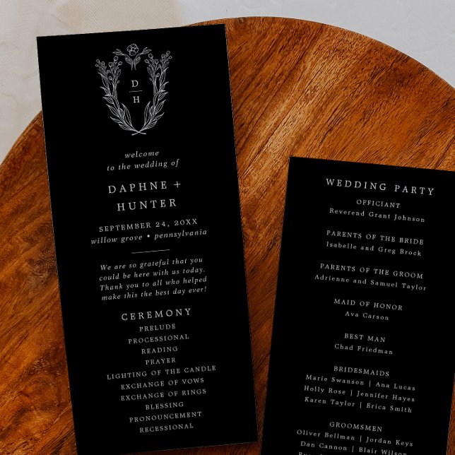 Programa Casamento Elegante Negro Negro Escuro Minimalista  (DAPHNE Minimalist Dark Black Elegant Wedding Program)