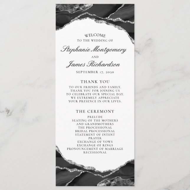 Programa Casamento Elegante Preto Branco Prata Folha Ágata (Frente)