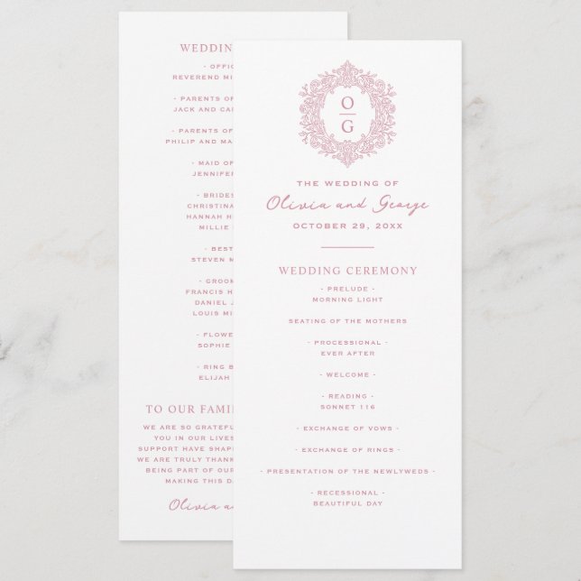 Programa Casamento Elegante Rosa de Herança (Frente/Verso)