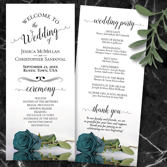 Programa Casamento Elegante Turquesa Aqua Rosa Romântico (Front and Back)