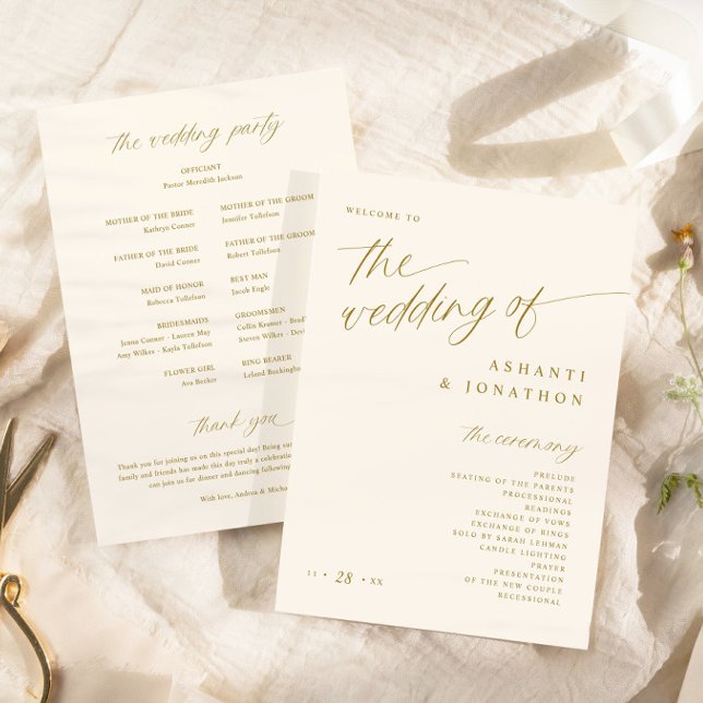Programa Casamento em Ouro e Marfim Suave e Romântico (Soft Romantic Script Gold and Ivory Cream Wedding Programs - 5x7 Wedding Programs)